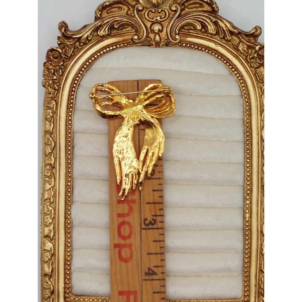 Vintage Brooch Signed Angel Gold Textured Ribbon Bow Pin Coquette Romantic 1980s - Picture 8 of 11